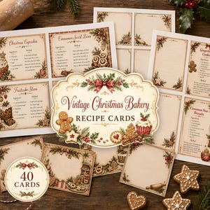Pode incluir: Uma coleção de cartões de receitas Vintage Christmas Bakery com ilustrações festivas de bonecos de gengibre, cupcakes e azevinho. O rótulo central diz Vintage Christmas Bakery RECIPE CARDS e 40 CARDS.