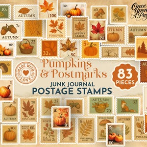Pode incluir: Uma coleção de 83 selos postais em estilo vintage com temas de outono. Os selos apresentam abóboras, folhas, bolotas e cenas florestais em tons de laranja, castanho e verde. O texto inclui "Outono" e várias denominações.