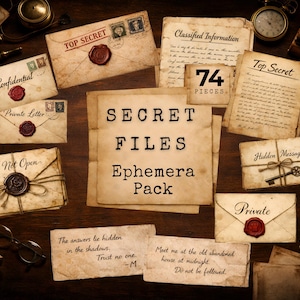 Puede incluir: Una colección de 74 piezas de efímeros de papel de estilo vintage que incluye sobres con sellos de cera roja, notas manuscritas y documentos etiquetados como Top Secret, Confidential y Private. El conjunto presenta texturas de pergamino envejecido y llaves antiguas.