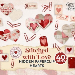 May include: A collection of 40 "Stitched with Love" hidden paperclip hearts in various designs. The image features red, pink, and beige hearts, paperclips, tags, and the text "Love" and "Fragile".