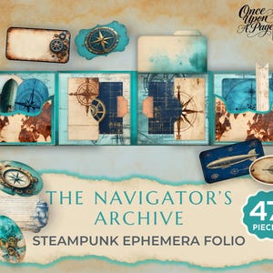 Puede incluir: Carpeta de efemérides steampunk con temática náutica. El diseño presenta brújulas, mapas, engranajes y un zeppelin. El texto dice "The Navigator's Archive" y "47 Pieces". La paleta de colores incluye turquesa, marrón y azul marino.