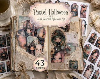 Junk journal ephemera matching kits, junk journal downloadable pockets, Pastel Halloween Ephemera Fussy Cuts, Printable tags & cards JJ166