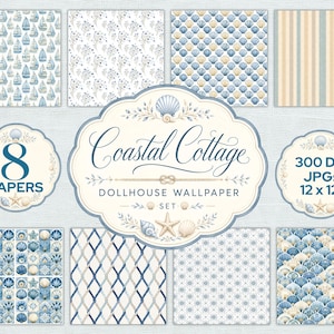 Puede incluir: Un conjunto digital de 8 papeles pintados para casa de muñecas Coastal Cottage en formato de 30,48 x 30,48 cm a 300 DPI. La colección presenta varios patrones náuticos y de playa, incluyendo veleros, conchas, nudos de cuerda y rayas en azul y beige.