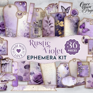 May include: A collection of 36 pieces of Rustic Violet Ephemera, including tags, labels, and decorative elements. The designs feature purple roses, butterflies, and botanical illustrations. The kit includes the text "Made with Love".