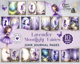 Junk Journal Pages Fairies, Lavender Moonlight Fairies Printable Kit, Purple Fairy Enchanted forest, magical woodland JJ107