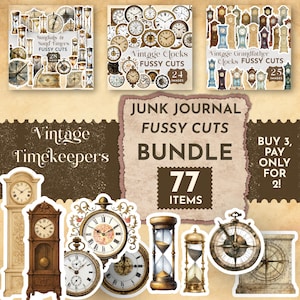 May include: A collection of vintage-themed fussy cuts for junk journals. The image features various clocks, sundials, and sand timers. The bundle includes 77 items, with text that reads "Vintage Timekeepers" and "Junk Journal Fussy Cuts Bundle".