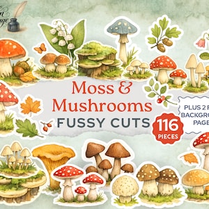 Mushroom Junk Journal Pages, Moss and Mushrooms Fussy Cuts, Woodland Mushroom Ephemera, Forest Nature Printable, Cottagecore Journal Kit