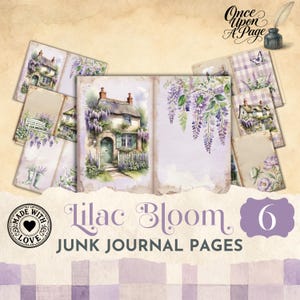 Pagine di diario Lilac Junk, lilla pastello per scrapbooking, fiori di glicine, fiori vintage, colibrì, bicicletta, cottagecore digitale JJ022