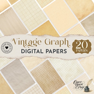 May include: A collection of twenty digital papers featuring vintage graph paper designs in various shades of beige, tan, and cream. The text reads Vintage Graph DIGITAL PAPERS, 20 PAPERS, MADE WITH LOVE, and Once Upon A Page.