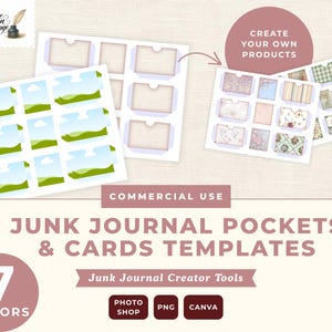Pode incluir: Modelos digitais para bolsos e cartões de junk journal com vários designs, incluindo cenas de paisagens, padrões de grade e estampas florais. O texto diz: COMMERCIAL USE JUNK JOURNAL POCKETS & CARDS TEMPLATES, 7 COLORS, Junk Journal Creator Tools.