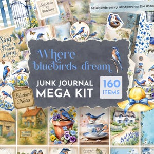 Bluebird Junk Journal Mega Kit, Printable Ephemera Cards & pages, Tags and Envelopes, Loaded tag, Fussy Cuts Cottagecore Vintage bird JJ004