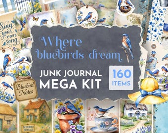 Bluebird Junk Journal Mega Kit, Printable Ephemera Cards & pages, Tags and Envelopes, Loaded tag, Fussy Cuts Cottagecore Vintage bird JJ004
