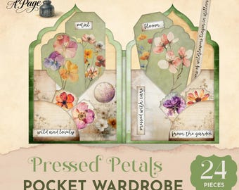 Kit de diario de flores prensadas, armario de bolsillo con pétalos prensados, bolsillos de efímeras florales botánicas, imprimibles de naturaleza, scrapbooking JJ058