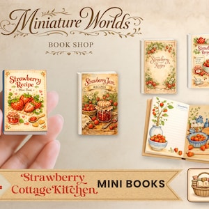 Pode incluir: Uma coleção de livros em miniatura com ilustrações com tema de morango. Os livros apresentam títulos como "Strawberry Recipe" e "Strawberry Jam Recipes". A imagem inclui um livro aberto e uma ilustração de uma cesta, tudo com uma estética vintage. O texto "Miniature Worlds" e "Book Shop" é visível.