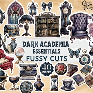May include: A set of 40 "Dark Academia Essentials" fussy cut stickers. The illustrations include a library, clock, armchair, raven, butterfly, books, and other vintage items in blue, burgundy, and gold. The stickers are ideal for scrapbooking.