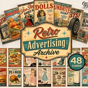 Può includere: Una collezione di 48 biglietti pubblicitari in stile vintage. Le carte presentano design e testo retrò, inclusi annunci di cibo, prodotti di bellezza e articoli per la casa. La tavolozza dei colori include rossi, blu e gialli, con un aspetto invecchiato.