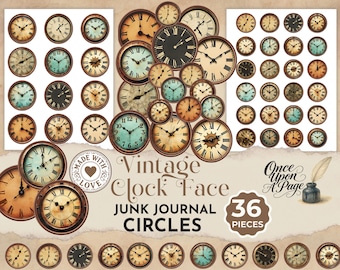 Vintage Clock Face Circles – Grunge & Antique Ephemera, Junk Journal Elements, Steampunk Time Collage, Printable Clock Faces JJ044