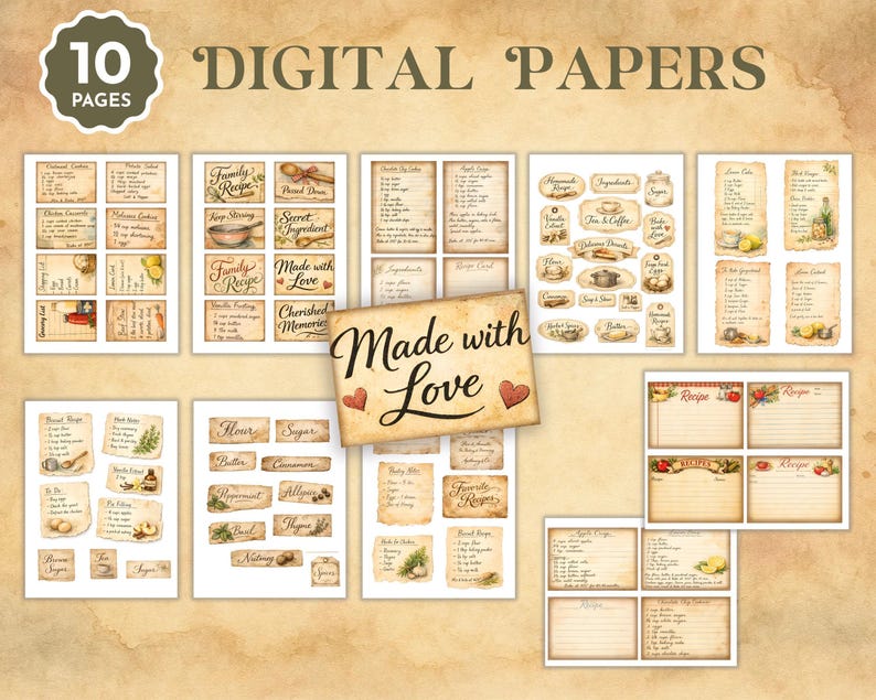 Diario imprimible con temática de cocina, kit de recetas efímeras imprimibles, tarjetas de recetas para cocina campestre, etiquetas de notas, complemento vintage para cocina JJ106 imagen 2