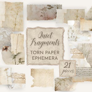 Puede incluir: Una colección de 21 piezas de efímeras de papel rasgado con una estética vintage. Las piezas presentan elementos botánicos, encaje y escritura manuscrita. La pieza central dice "Quiet Fragments" y "Torn Paper Ephemera."