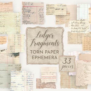 May include: A collection of vintage ledger fragments and torn paper ephemera. The pieces vary in size and shape, with handwritten text and numbers in faded ink. The central piece reads "Ledger Fragments, Torn Paper Ephemera, 33 pieces."