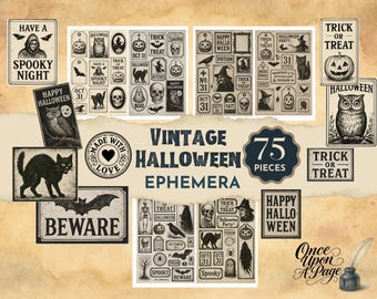 May include: A collection of 75 vintage-style Halloween ephemera pieces featuring black and white illustrations of skulls, cats, owls, bats, pumpkins, and witches. The set includes various rectangular tags and signs with text like "Have a Spooky Night," "Trick or Treat," "Beware," and "Happy Halloween."