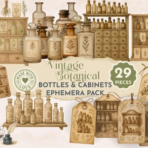 Puede incluir: Una colección de efímeras botánicas vintage con botellas, armarios y etiquetas. La imagen muestra botellas de vidrio de varios tamaños y formas con etiquetas, armarios de madera y etiquetas decorativas. La paleta de colores incluye tonos beige, marrón y verde.