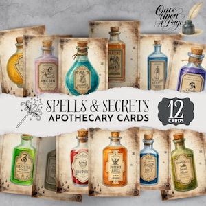 May include: A set of 12 Spells & Secrets Apothecary Cards featuring illustrations of glass bottles with cork stoppers, each containing coloured liquids and labelled with names like Unicorn Blood, Mermaid Tears, and Snail Slime on aged paper backgrounds.