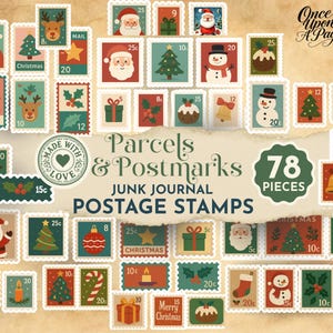 May include: A collection of 78 vintage-style postage stamps with Christmas themes. The stamps feature Santa Claus, Christmas trees, snowmen, and other festive designs in red, green, and white. Text includes "Parcels & Postmarks" and "Junk Journal Postage Stamps".