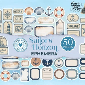 Pode incluir: Uma coleção de 50 peças de efemérides com tema náutico, incluindo etiquetas, tags e elementos decorativos. Os designs apresentam âncoras, conchas, navios e o texto "Sailors' Horizon" e "Made with Love". A paleta de cores inclui tons de azul, bege e castanho.