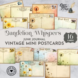 Może przedstawiać: Zestaw 16 mini pocztówek w stylu vintage zatytułowanych Dandelion Whispers Junk Journal. Karty zawierają różne botaniczne ilustracje mniszka lekarskiego i kwiatów w delikatnych odcieniach z tekstem Post Card i Carte Postale.