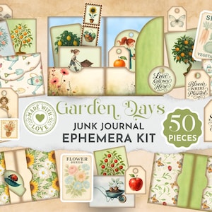 Puede incluir: Un conjunto de 50 piezas de efímeras de diario basura "Garden Days". El conjunto incluye etiquetas, tarjetas y elementos decorativos con ilustraciones botánicas de flores, verduras y herramientas de jardinería. La paleta de colores es suave y vintage.
