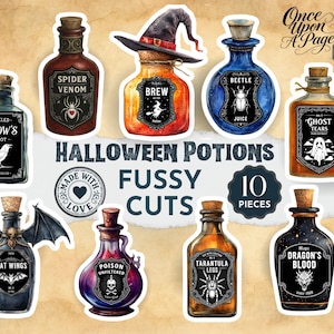 May include: A collection of ten Halloween potion-themed fussy cuts. The bottles feature labels with spooky names like "Spider Venom" and "Dragon's Blood." The image includes the text "Halloween Potions Fussy Cuts" and "10 Pieces."