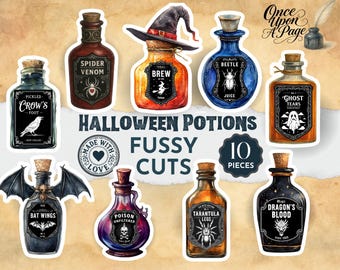 Apothecary Bottles Fussy Cuts, Halloween Witchy Potion Bottles, Magical Elixir Clipart, Vintage Ephemera, Spooky Junk Journal, Paper Crafts