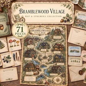 May include: A 71-piece Bramblewood Village map and ephemera collection featuring a detailed illustrated map, a field journal, postcards, tags, and note cards. The items display woodland motifs, including acorns, mushrooms, and forest animals.