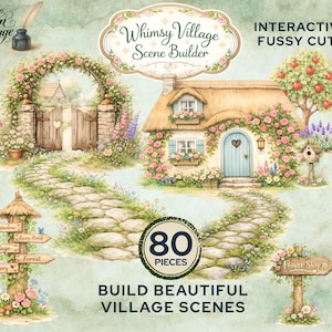 Pode incluir: Ilustração em aquarela de um construtor de cenas de vila caprichosa com 80 peças. Apresenta uma casa de campo, um caminho de pedra, um portão e placas para um prado, um lago de fadas, uma vila, uma floresta, uma padaria e uma floricultura. Inclui o texto "Whimsy Village Scene Builder".