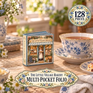 May include: A square multi-pocket folio titled The Little Village Bakery featuring a detailed illustration of a bakery storefront with a person in an apron. The product includes 128 pieces and is decorated with floral borders and blue accents.
