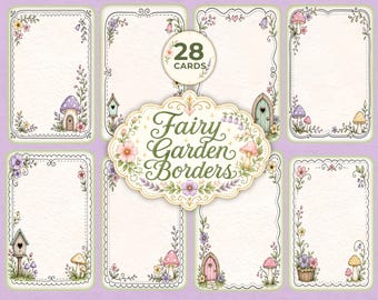 Tarjetas digitales para diario con diseño de jardín de hadas, borde de jardín de mariposas, bordes de cuento de hadas, tarjetas de escritura imprimibles con estilo dibujado a mano JJ138