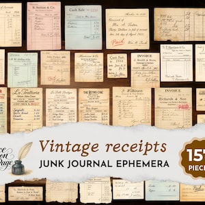 May include: A collection of vintage receipts and invoices, featuring handwritten details and aged paper textures. The image includes various documents like cash sales, guest checks, and statements of account. The text "Vintage receipts" and "Junk Journal Ephemera" are also visible.