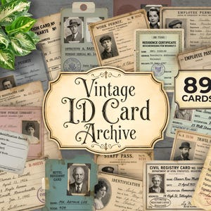 Puede incluir: Una colección de tarjetas de identificación antiguas, incluyendo permisos de trabajo y certificados de residencia. Las tarjetas presentan retratos y texto, con un letrero central que dice "Vintage ID Card Archive" y otro más pequeño con "89 Cards".