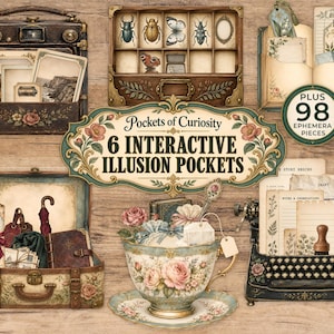 Cuadernos de recortes Illusion Pockets, kit de efímeros interactivos imprimibles, gabinete de curiosidades vintage, maleta, cámara, taza de té, máquina de escribir, JJ189