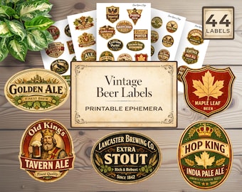 Etiquetas imprimibles vintage, descarga digital con recortes precisos, etiquetas de cerveza vintage, artículos efímeros para diarios creativos, etiquetas de collage para cervecerías y pubs.
