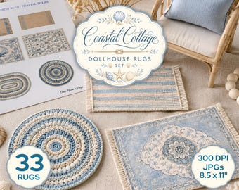 Alfombra para casa de muñecas imprimible, alfombras en miniatura para diario creativo, colección Coastal Cottage, láminas a escala 1:12, descarga digital JJ149