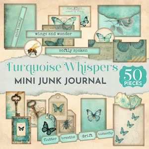 Carta digitale turchese e farfalle, kit mini Junk Journal, effimeri stampabili, etichette, cartellini e tasche a forma di farfalla, kit Junk Journal JJ030