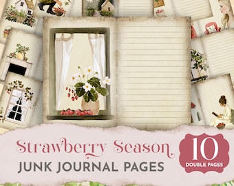 May include: A collection of 10 double-sided junk journal pages titled Strawberry Season, featuring vintage-style illustrations of strawberry plants, cosy cottage scenes, and people reading or gardening, all set against lined, aged paper backgrounds.