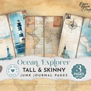 May include: Ocean Explorer tall and skinny junk journal pages. The pages feature nautical themes, including a lighthouse, a world map, and a compass. The pages are 8.5" x 11" and include the text "Made with Love".