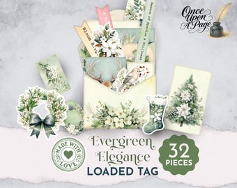 Könnte beinhalten: Ein Set aus 32 Papier-Ephemera-Teilen mit dem Titel Evergreen Elegance Loaded Tag. Das Set enthält einen zentralen Umschlag mit Blumenanhängern, einen Kranz mit dunkelgrüner Schleife, eine Weihnachtsbaumkarte, einen Strumpf und ein Vogelmotiv.