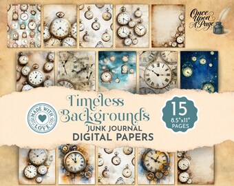 Vintage Clocks Junk Journal Digital Paper, Timeless Backgrounds, Printable Scrapbook Pages, Steampunk Clock Ephemera for Collage JJ044