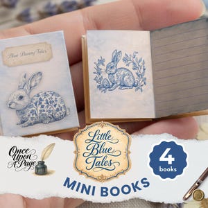 Puede incluir: Mini libros titulados "Blue Bunny Tales" con ilustraciones azules y blancas de conejos. Un libro está abierto, revelando páginas rayadas. La imagen incluye un logotipo que dice "Little Blue Tales" y "Once Upon A Page".