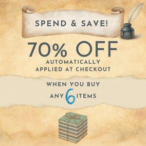 May include: Watercolor-style promotional graphic with text "SPEND & SAVE!" and "70% OFF". The text "AUTOMATICALLY APPLIED AT CHECKOUT" and "WHEN YOU BUY ANY 6 ITEMS" are also present. A stack of books is at the bottom.