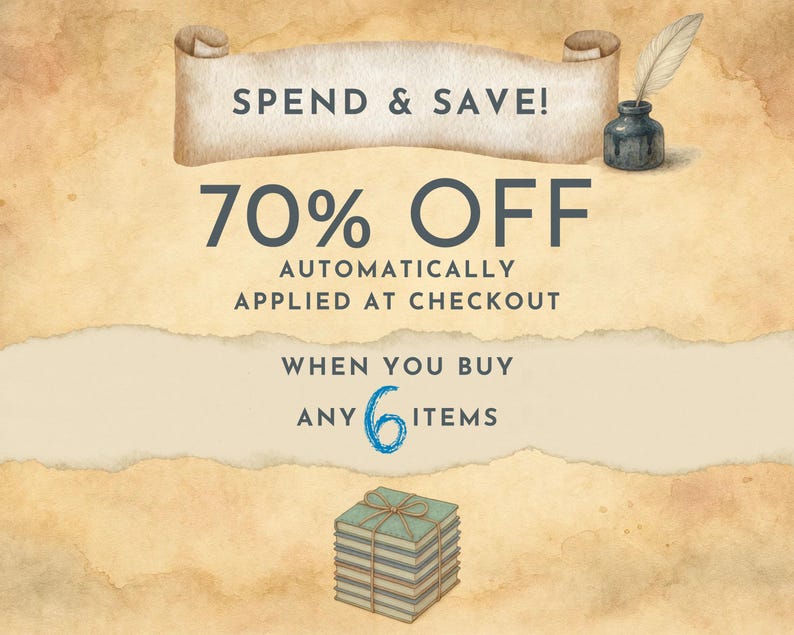 May include: Watercolor-style promotional graphic with text "SPEND & SAVE!" and "70% OFF". The text "AUTOMATICALLY APPLIED AT CHECKOUT" and "WHEN YOU BUY ANY 6 ITEMS" are also present. A stack of books is at the bottom.
